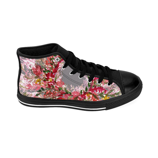 Gray Red Fall Floral Print Designer Men's High-top Sneakers Tennis Running Fashion Shoes-Men's High Top Sneakers-Heidi Kimura Art LLC