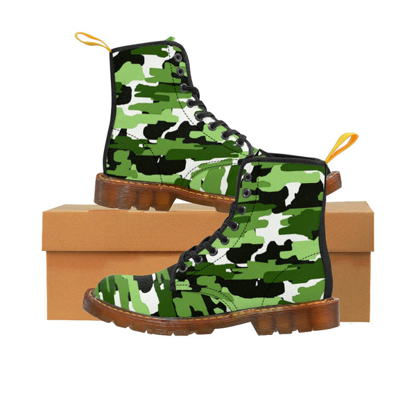 Green White Camouflage Military Army Print Men's Canvas Winter Laced Up Boots-Men's Boots-Brown-US 8-Heidi Kimura Art LLC