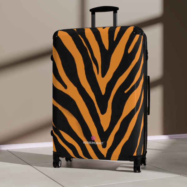 Orange Black Zebra Print Suitcases, Animal Print Designer Suitcase Luggage (Small, Medium, Large) Unique Cute Spacious Versatile and Lightweight Carry-On or Checked In Suitcase, Best Personal Superior Designer Adult's Travel Bag Custom Luggage - Gift For Him or Her - Made in USA/ UK