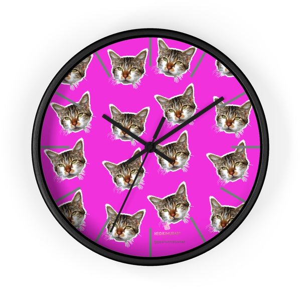 Hot Pink Cat Print Wall Clock, Calico Cat Large Unique 10" Dia. Indoor Clocks- Made in USA-Wall Clock-10 in-Black-Black-Heidi Kimura Art LLC