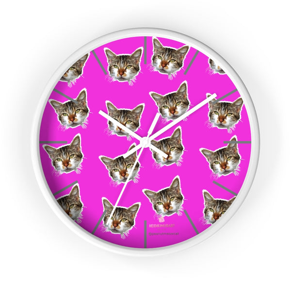 Hot Pink Cat Print Wall Clock, Calico Cat Large Unique 10" Dia. Indoor Clocks- Made in USA-Wall Clock-10 in-White-White-Heidi Kimura Art LLC