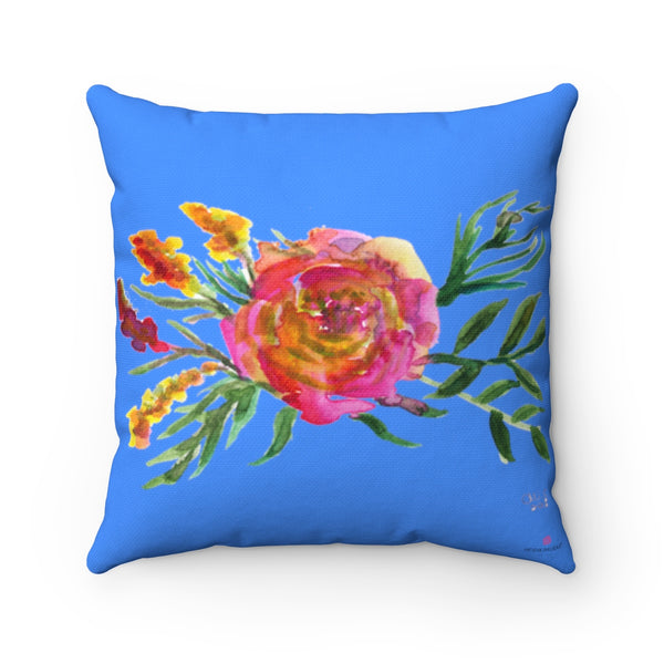 Red Rose Girlie Floral Wreath Blue Spun Polyester Square Pillow 14"/16"/18"/20"-Pillow-Heidi Kimura Art LLC