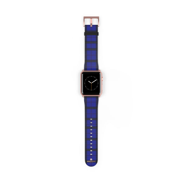 Blue Plaid Tartan Scottish Print 38mm/42mm Watch Band For Apple Watch- Made in USA-Watch Band-42 mm-Rose Gold Matte-Heidi Kimura Art LLC