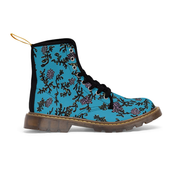 Blue Turquoise Fall Women's Boots, Purple Floral Women's Boots, Flower Print Elegant Feminine Casual Fashion Gifts, Flower Rose Print Shoes For Flower Lovers, Combat Boots, Designer Women's Winter Lace-up Toe Cap Hiking Boots Shoes For Women (US Size 6.5-11) Blue Floral Boots, Floral Boots Womens, Vintage Style Floral Boots 