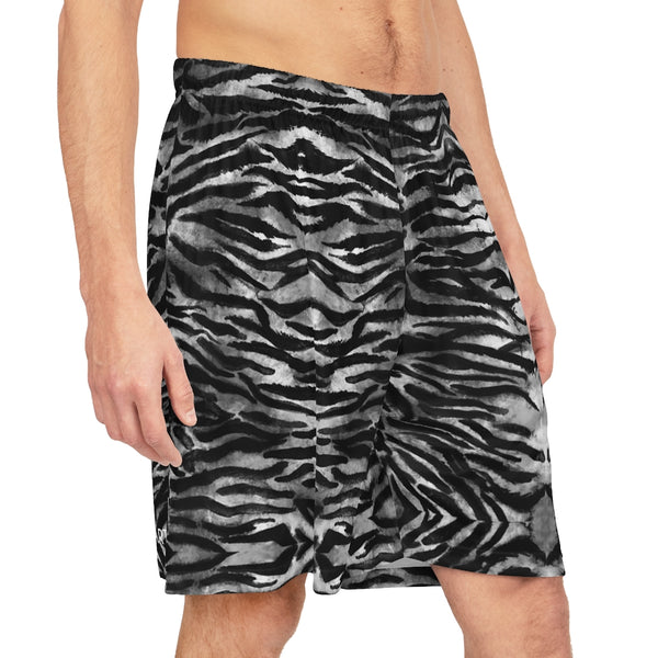 Grey Tiger Men's Basketball Shorts, Tiger Striped Men's Shorts - Made in USA