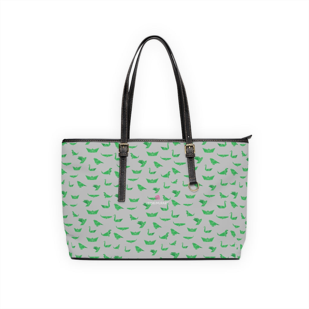 Green Crane Grey Tote Bag, Best Stylish Fashionable Printed PU Leather Shoulder Large Spacious Durable Hand Work Bag 17"x11"/ 16"x10" With Gold-Color Zippers & Buckles & Mobile Phone Slots & Inner Pockets, All Day Large Tote Luxury Best Sleek and Sophisticated Cute Work Shoulder Bag For Women With Outside And Inner Zippers