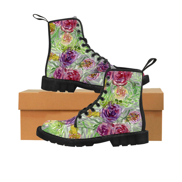 Grey Yellow Floral Women's Boots, Rose Flower Printed Elegant Feminine Casual Fashion Gifts, Flower Rose Print Shoe, Combat Boots, Designer Women's Winter Lace-up Toe Cap Hiking Boots Shoes For Women (US Size 6.5-11)