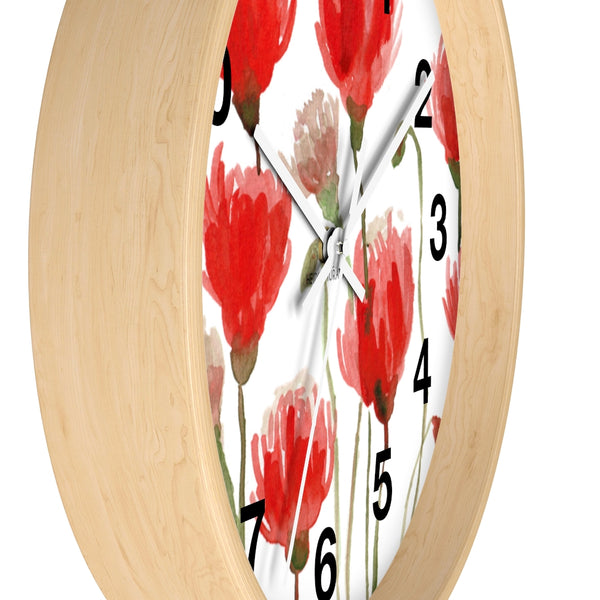 Red Poppy Floral Wall Clock,  Best Numeric Floral 10 inch Diameter Flower Wall Clock-Made in USA, Large Round Wood Girl Children Bedroom Wall Clock