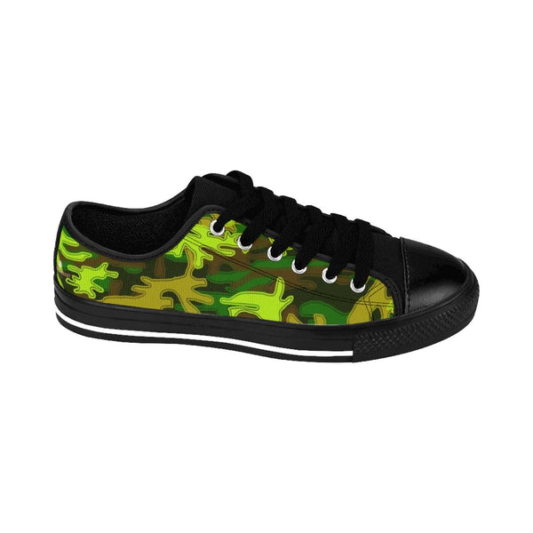 Bright Green Camo Military Army Print Premium Men's Low Top Canvas Sneakers Shoes-Men's Low Top Sneakers-Black-US 9-Heidi Kimura Art LLC