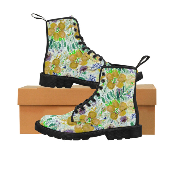 Yellow Floral Women's Canvas Boots-Shoes-Printify-Black-US 8.5-Heidi Kimura Art LLC Yellow Floral Women's Canvas Boots, Flower Print Vintage Style Modern Essential Casual Fashion Hiking Boots, Canvas Hiker's Shoes For Mountain Lovers, Stylish Premium Combat Boots, Designer Women's Winter Lace-up Toe Cap Hiking Boots Shoes For Women (US Size 6.5-11)