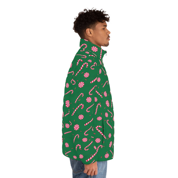 Green Candy Cane Men's Jacket, Best Christmas Fashion Stylish Winter Designer Best Casual Men's Winter Jacket, Best Modern Minimalist Classic Regular Fit Polyester Men's Puffer Jacket With Stand Up Collar (US Size: S-2XL)