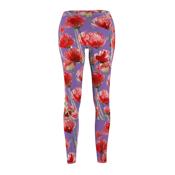 Purple Poppy Floral Casual Tights, Best Women's Floral Casual Leggings