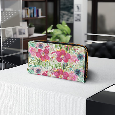 Mixed Floral Rose Zipper Wallet, Floral Elegant Print Best 7.87" x 4.33" Luxury Cruelty-Free Faux Leather Women's Wallet & Purses Compact High Quality Nylon Zip & Metal Hardware, Luxury Long Wallet Card Cases For Women