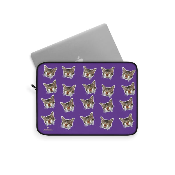 Dark Purple Peanut Meow Cat Calico Print 12",13",15" Computer Bag Laptop Sleeve- Made in USA-Laptop Sleeve-Heidi Kimura Art LLC