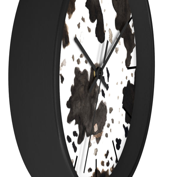Cow Print White Black Brown Indoor Wooden Frame 10" Dia. Wall Clock - Made in USA-Wall Clock-Heidi Kimura Art LLC