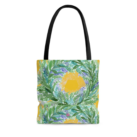 Yellow Lavender Floral Tote Bag, Flower Print Best Designer Colorful Square 13"x13", 16"x16", 18"x18" Premium Quality Market Tote Bag - Made in USA