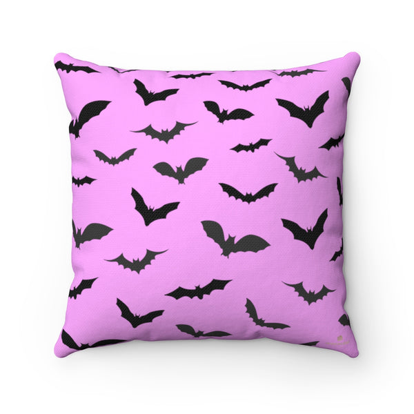 Cute Pink Gray Black Bats Print Halloween Pillow Spun Polyester Square Pillow- Made in USA-Pillow-14" x 14"-Heidi Kimura Art LLC