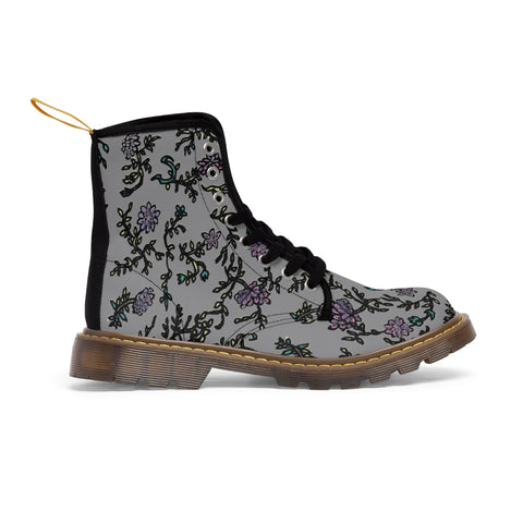 Grey Floral Print Women's Boots, Purple Floral Women's Boots, Flower Print Elegant Feminine Casual Fashion Gifts, Flower Rose Print Shoes For Flower Lovers, Combat Boots, Designer Women's Winter Lace-up Toe Cap Hiking Boots Shoes For Women (US Size 6.5-11) Purple Floral Boots, Floral Boots Womens, Vintage Style Floral Boots 