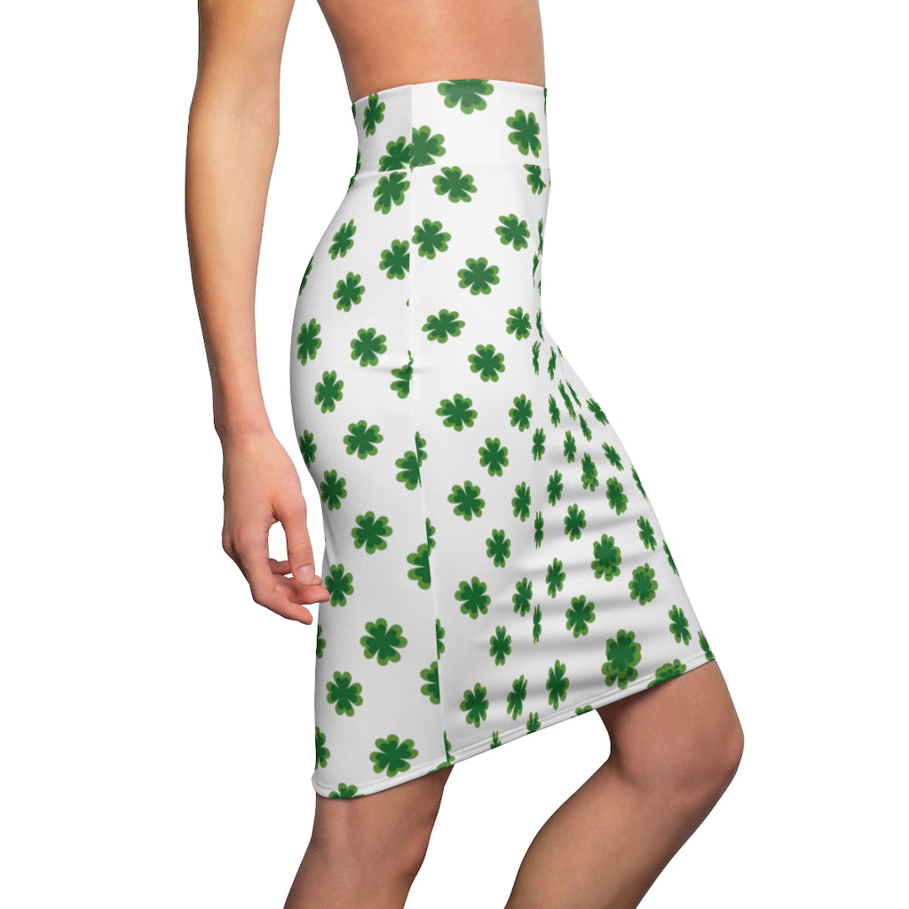 Irish White Green Clover Leaf Print St. Patrick's Day Women's Pencil Skirt- Made in USA-Pencil Skirt-2XL-4 oz.-Heidi Kimura Art LLC