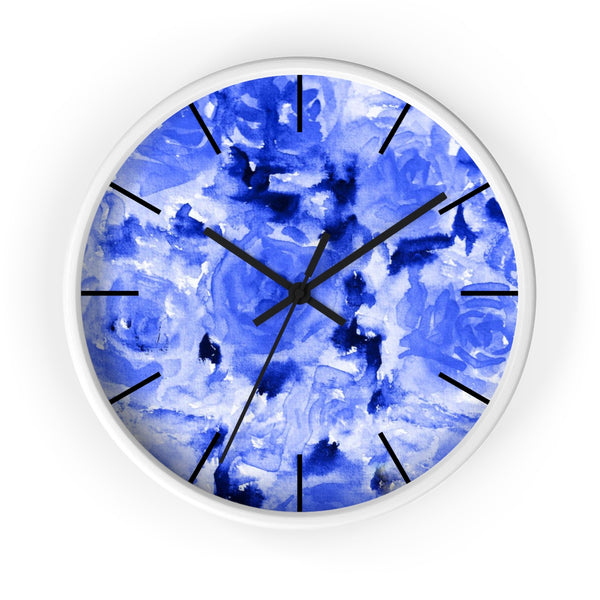 Blue Floral Rose Print Flower Modern 10 inch Diameter Wall Clock - Made in USA-Wall Clock-White-Black-Heidi Kimura Art LLC