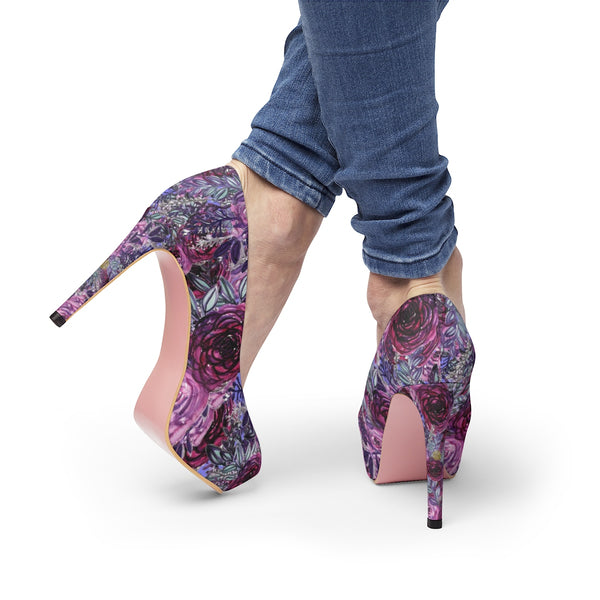 French Red Purple Rose Floral Print Women's Platform Heels Pumps Shoes-4 inch Heels-Heidi Kimura Art LLC