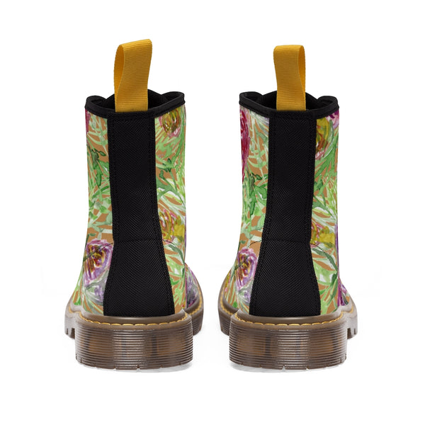 Brown Yellow Floral Women's Boots, Flower Print Vintage Style Hiking Combat Boots For Ladies