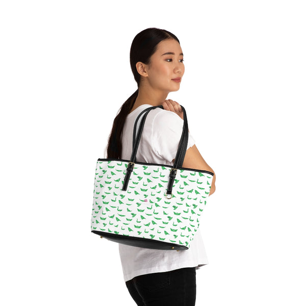 Green Crane White Tote Bag, Best Stylish Fashionable Printed PU Leather Shoulder Large Spacious Durable Hand Work Bag 17"x11"/ 16"x10" With Gold-Color Zippers & Buckles & Mobile Phone Slots & Inner Pockets, All Day Large Tote Luxury Best Sleek and Sophisticated Cute Work Shoulder Bag For Women With Outside And Inner Zippers