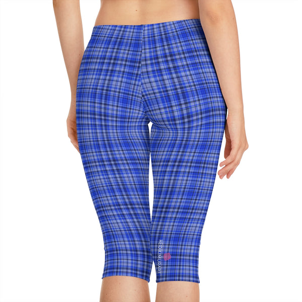 Blue Plaid Women's Capri Leggings, Modern Blue Plaid Scottish Plaid Print American-Made Best Designer Premium Quality Knee-Length Mid-Waist Fit Knee-Length Polyester Capris Tights-Made in USA (US Size: XS-3XL) Plus Size Available