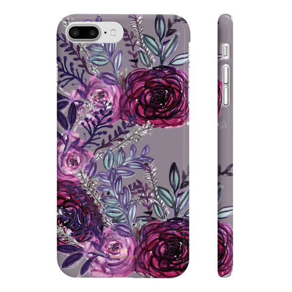 Gray Slim iPhone/ Samsung Galaxy Floral Purple Rose Print Phone Case, Made in UK-Phone Case-iPhone 7 Plus, iPhone 8 Plus Slim-Glossy-Heidi Kimura Art LLC
