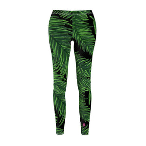 Black Tropical Leaves Casual Tights, Best Jungle Leaves Women's Casual Leggings, Green Jungle Palm Tree Women's Long Leggings, Women's Fashion Best Designer Premium Quality Skinny Fit Premium Quality Casual Leggings - Made in USA (US Size: XS-2XL) 