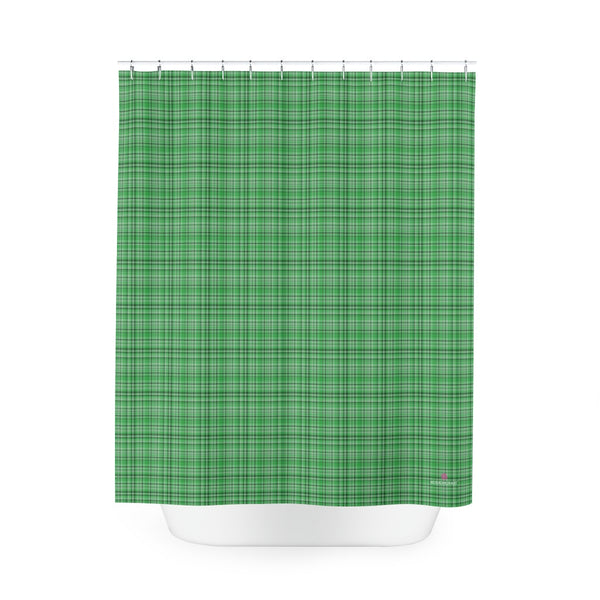 Green Plaid Polyester Shower Curtain, Plaid Tartan Scottish Style Print Christmas Winter Holiday Festive 71" × 74" Modern Kids or Adults Colorful Best Premium Quality American Style One-Sided Luxury Durable Stylish Unique Interior Bathroom Shower Curtains - Printed in USA