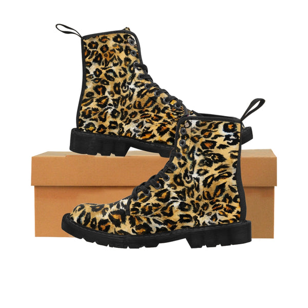 Brown Leopard Women's Canvas Boots, Best Leopard Animal Print Designer Women's Winter Lace-up Toe Cap Hiking Boots Shoes For Women (US Size 6.5-11)
