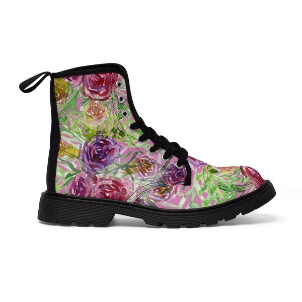 Pink Mixed Floral Women's Boots, Flower Rose Print Elegant Feminine Casual Fashion Gifts, Flower Rose Print Shoes For Rose Lovers, Combat Boots, Designer Women's Winter Lace-up Toe Cap Hiking Boots Shoes For Women (US Size 6.5-11)