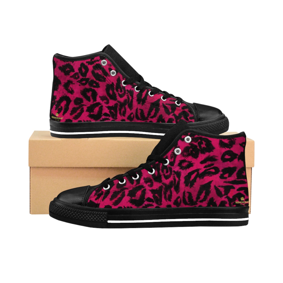 Hot Pink Leopard Animal Print Premium Men's High-top Fashion Sneakers Tennis Shoes-Men's High Top Sneakers-Black-US 9-Heidi Kimura Art LLC