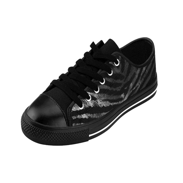 Black Tiger Striped Men's Low Tops, Animal Print Men's Low Top Sneakers Running Shoes-Men's Low Top Sneakers-Heidi Kimura Art LLC