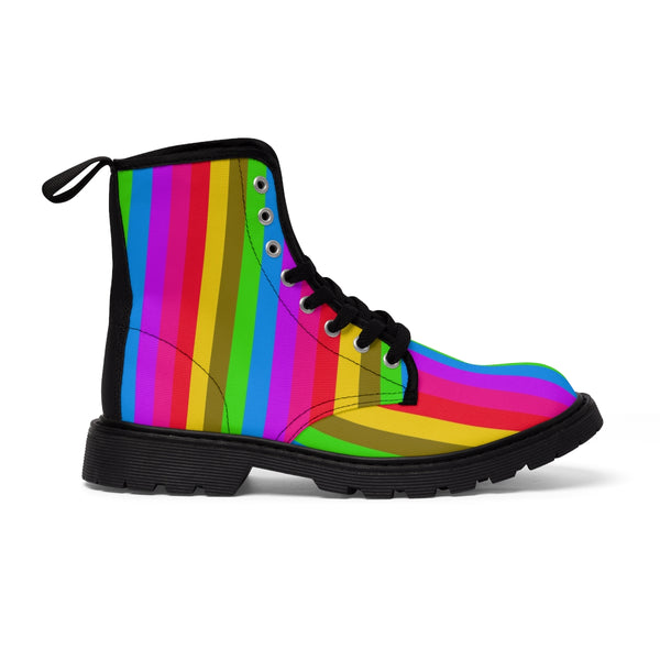 Rainbow Striped Print Women's Boots, Best Gay Pride Stripes Winter Laced Up Designer Boots For Women