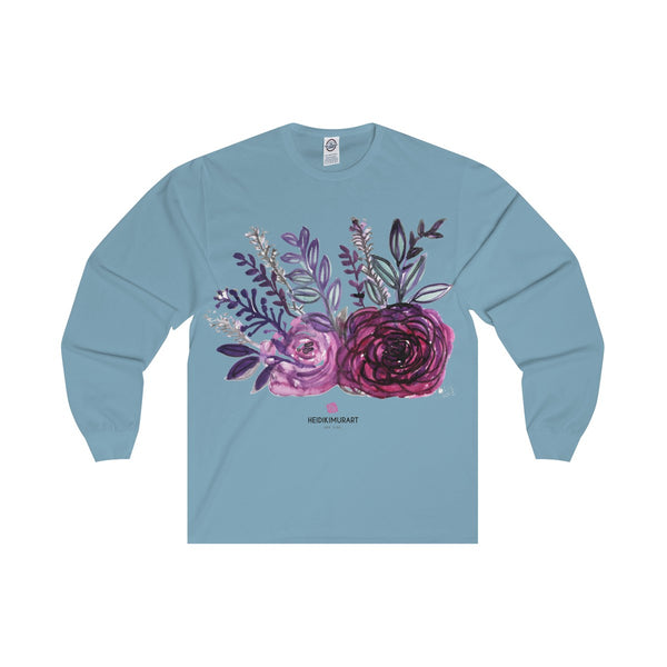 Rose Floral Print Premium Women's Designer Long Sleeve Tee - Made in USA-Long-sleeve-Sky Blue-S-Heidi Kimura Art LLC