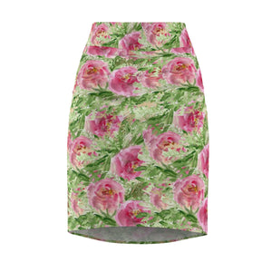 Green Pink Angel Rose Floral Print Designer Women's Mid-Waist Pencil Skirt -Made in USA-Pencil Skirt-L-Heidi Kimura Art LLC