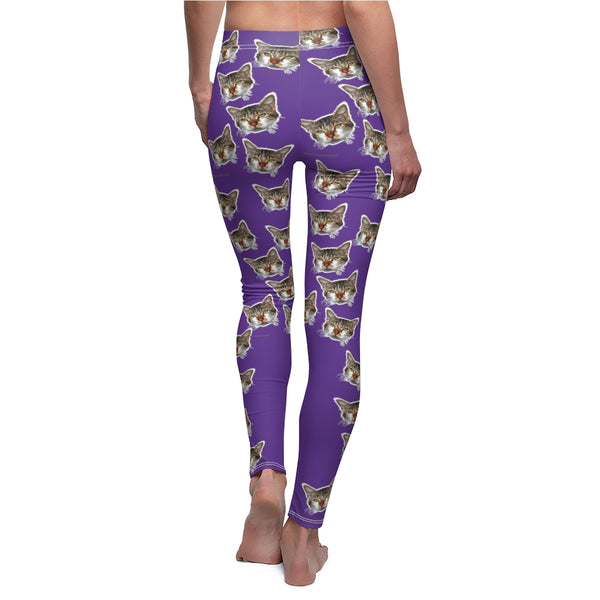 Purple Peanut Meow Cat Cute Calico Print Women's Fancy Casual Leggings- Made in USA-All Over Prints-Heidi Kimura Art LLC