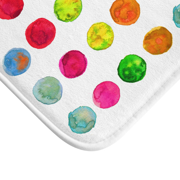 White Cute Colorful Watercolor Polka Dots Print Microfiber Bath Mat- Made in USA-Bath Mat-Heidi Kimura Art LLC