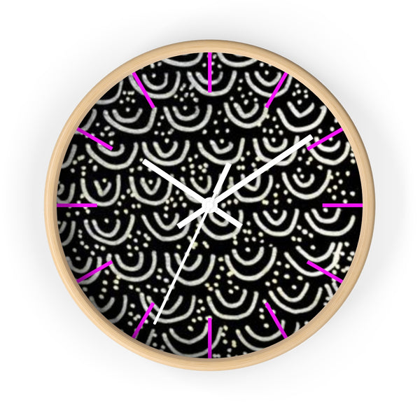 Black Mermaids Wall Clock, Geometric Print 10" dia. Indoor Large Wall Clock - Made in USA-Wall Clock-Wooden-White-Heidi Kimura Art LLC