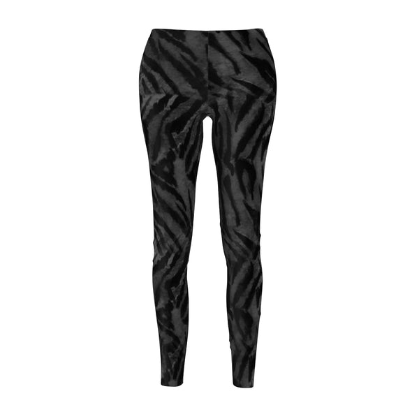 Black Gray Tiger Stripe Animal Print Women's Casual Leggings-Made in USA-Casual Leggings-M-Heidi Kimura Art LLC