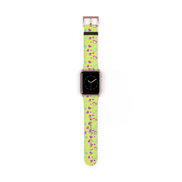 Light Green Pink Hearts Shaped Print Premium 38mm/ 42mm Watch Band- Made in USA-Watch Band-42 mm-Rose Gold Matte-Heidi Kimura Art LLC