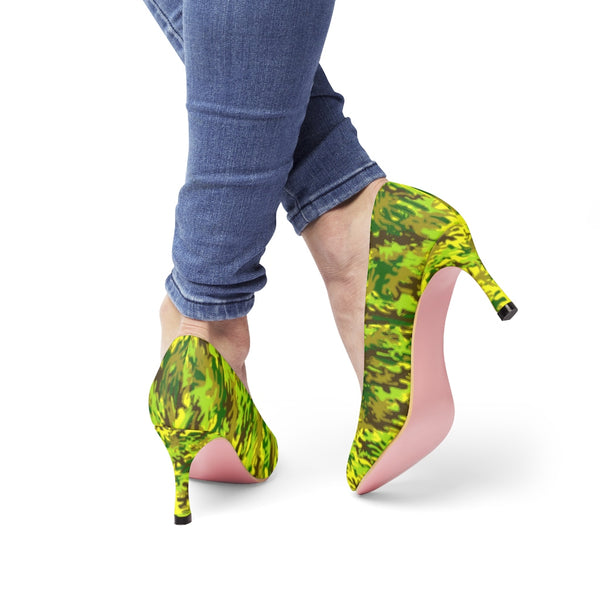 Yellow Green White Camo Military Army Print Premium Women's High Heels Shoes-3 inch Heels-Heidi Kimura Art LLC
