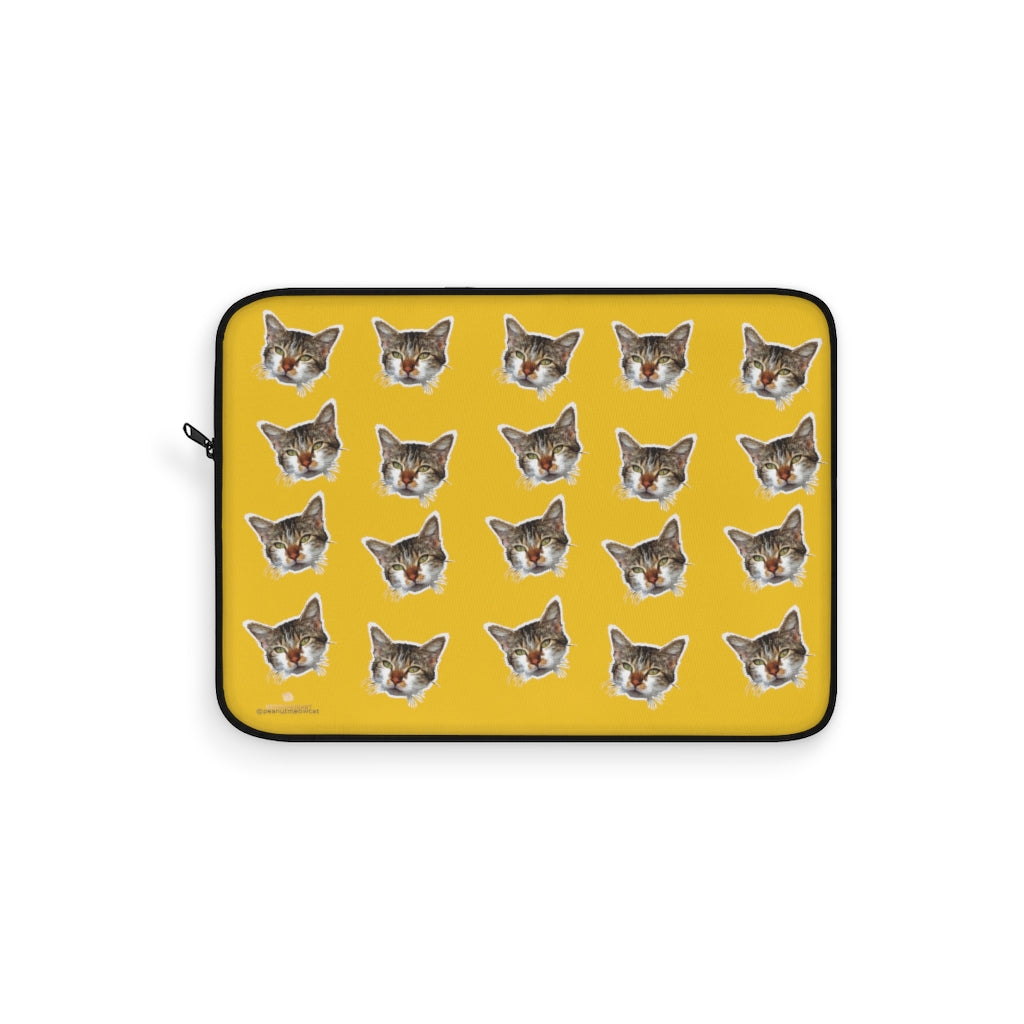 Bright Yellow Peanut Meow Cat Calico Print 12",13",15" Computer Bag Laptop Sleeve- Made in USA-Laptop Sleeve-15"-Heidi Kimura Art LLC