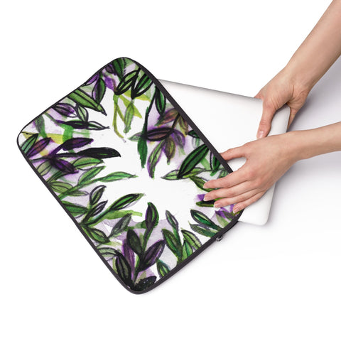 Emerald Green Tropical Leaves Print 12', 13", 14" Laptop Sleeve Cover-Made in the USA-Laptop Sleeve-Heidi Kimura Art LLC