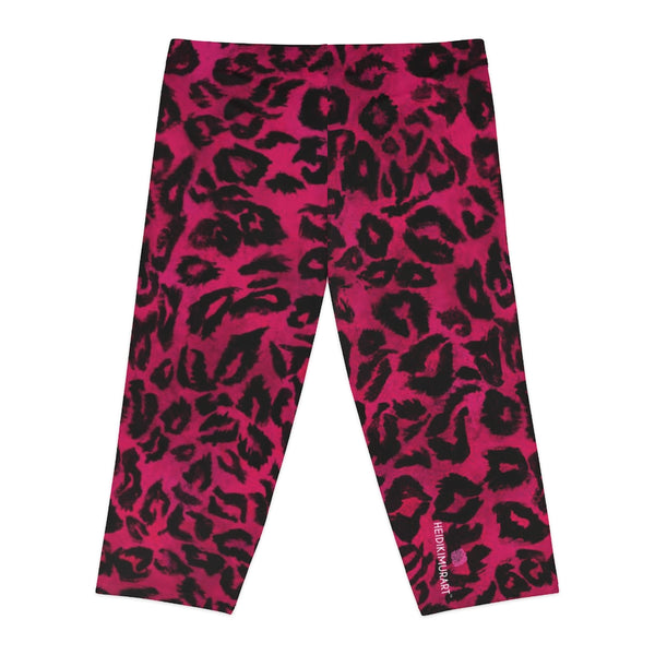Pink Leopard Women's Capri Leggings, Hot Pink Animal Print Best Knee-Length Polyester Capris Tights-Made in USA (US Size: XS-2XL)