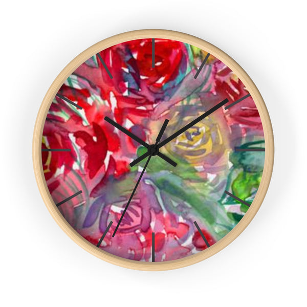 Red Floral Rose Flower Print Elegant 10 inch Diameter Wall Clock - Made in USA-Wall Clock-Wooden-Black-Heidi Kimura Art LLC