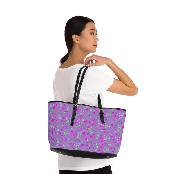 Purple Pink Hearts Tote Bag, PU Leather Shoulder Hand Work Bag