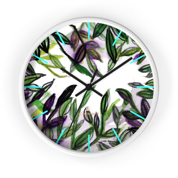 Green Purple Tropical Leaf Print Designer 10 in. Dia. Indoor Wall Clock- Made in USA-Wall Clock-10 in-White-Black-Heidi Kimura Art LLC